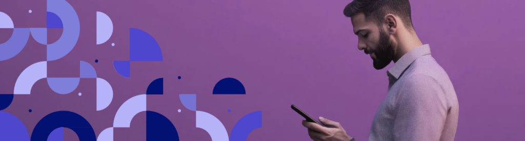 Man checking cell phone and purple background.